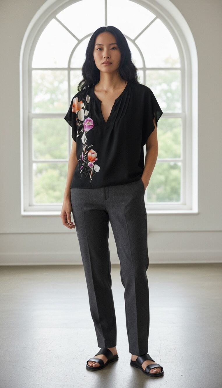 New York & Company Black Floral Dolman Blouse XL